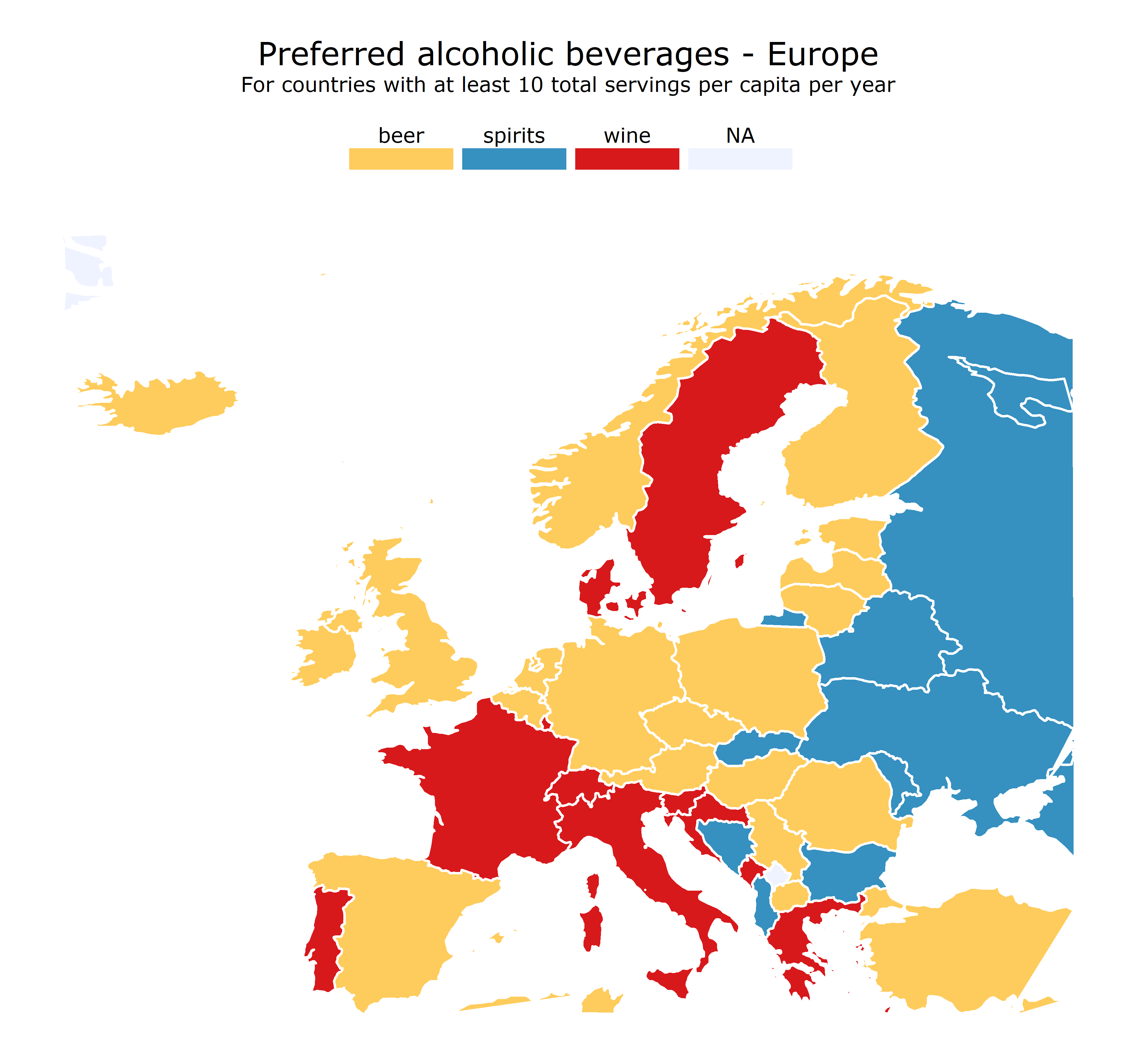 Preferred alcoholic beverages in Europe - Tidy Tuesday week 13